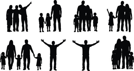 Family silhouettes, parents and children, standing figures, human grouping, casual poses, emotional bonding, black outlines, white background, parental love, kid gestures, domestic