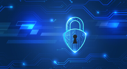 Modern cybersecurity with printed circuit board, light blue padlock on dark high-tech background. Symbolizes data protection, network security and digital reliability. For information security topics.