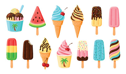 Whimsical Ice Cream & Popsicle Icon Set: Colorful Dessert Illustrations Featuring Cups, Cones, Sprinkles & Summer Treats on White Background, Creative Ice Cream Flavors Day concept