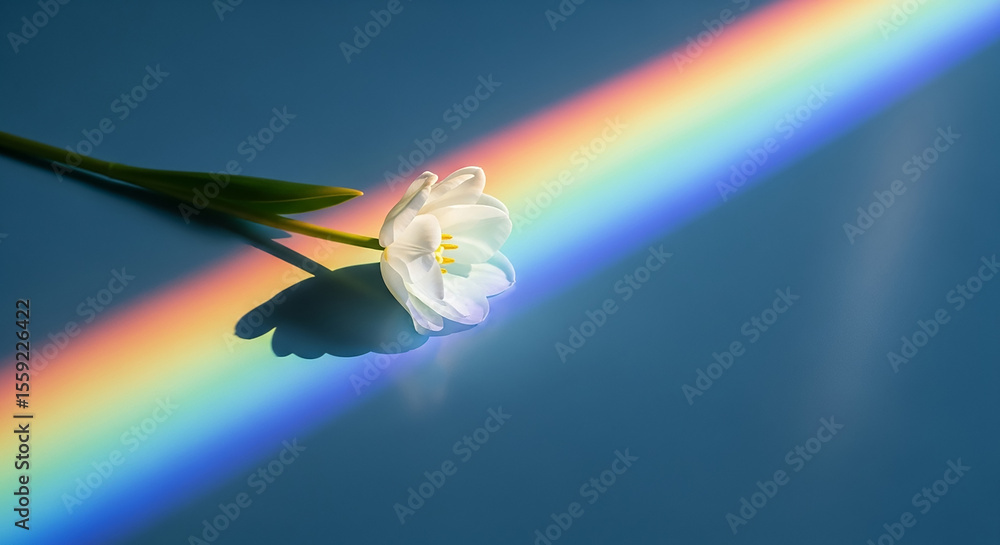 Aufkleber white tulip with rainbow gradient light casting shadow on blue background