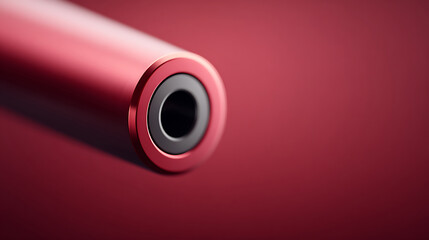 Close-up reveals a sleek, minimalist design with a red metal tube on a matching backdrop