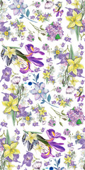 Elegant Floral Collage with Pastel Daffodils, Lilacs, and Irises on a White Backdrop