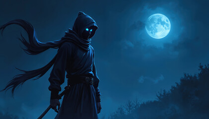 Mysterious ninja warrior stands under moonlight. Anime style digital illustration of masked male fighter. Illustration includes dark blue night scene with full moon behind. Blade, cape add action