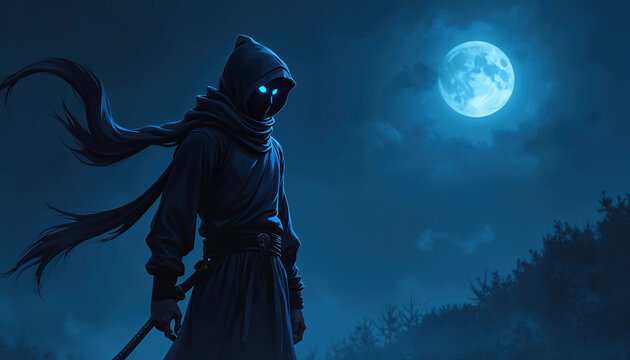 Mysterious ninja warrior stands under moonlight. Anime style digital illustration of masked male fighter. Illustration includes dark blue night scene with full moon behind. Blade, cape add action