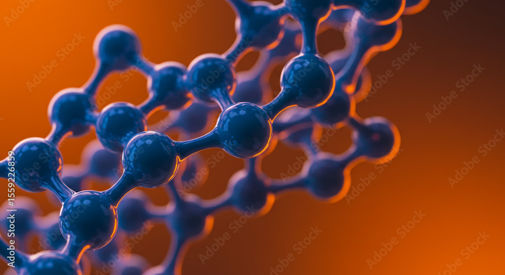 Poster a close up view of a blue molecular structure against an orange gradient background in soft focus