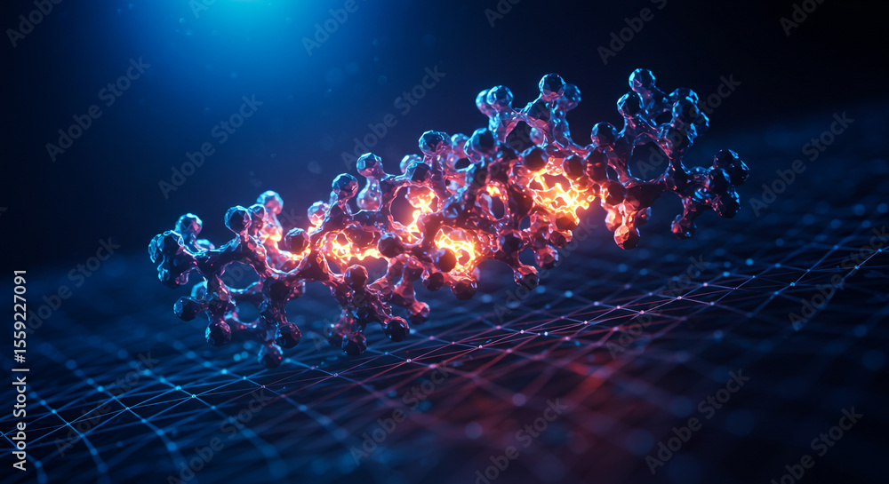 Poster abstract molecular structure with glowing center on a blue network background design element