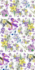 Watercolor floral collage with daffodils, irises and hydrangeas on abstract back