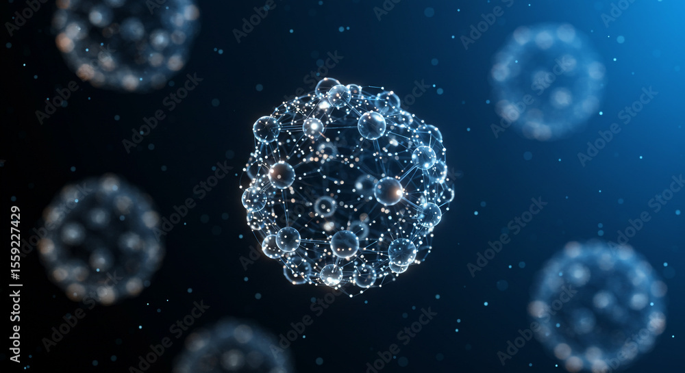 Poster abstract rendering of interconnected spheres forming a complex network structure in blue space