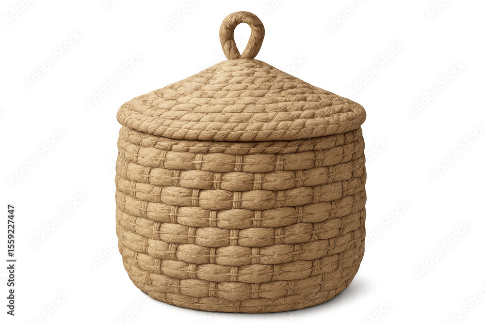 Poster studio shot of a closed wicker basket with a lid, isolated on a transparent background, ideal for co