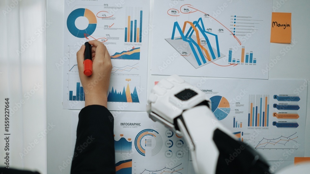 Poster a person is analyzing detailed business infographics while using a robotic arm in a modern office. t