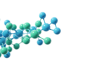 Close up of a molecule structure with blue and green spheres on a white background in the corner