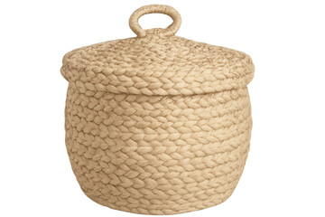Studio shot of a closed woven basket with a lid, isolated on a transparent background, perfect for showcasing storage solutions or home decor