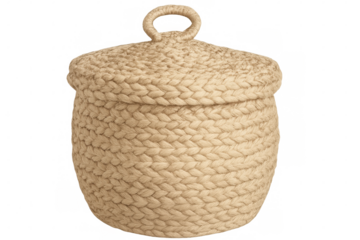 Studio shot of a closed woven basket with a lid, isolated on a transparent background, perfect for showcasing storage solutions or home decor