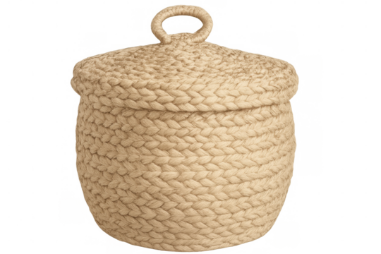 Studio shot of a closed woven basket with a lid, isolated on a transparent background, perfect for showcasing storage solutions or home decor