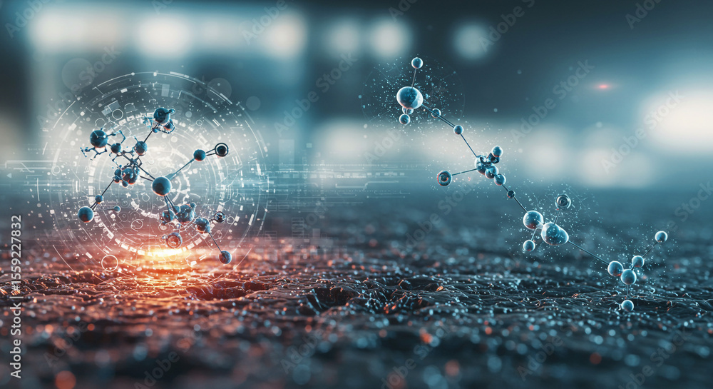 Aufkleber abstract molecular structure with glowing particles and futuristic technology elements on surface