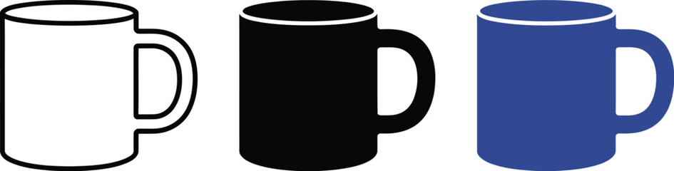 Vector illustration of coffee mugs in different colors black blue and white simple mug icon set