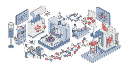 Isometric illustration of scientific research with scientists and laboratory equipment and molecules