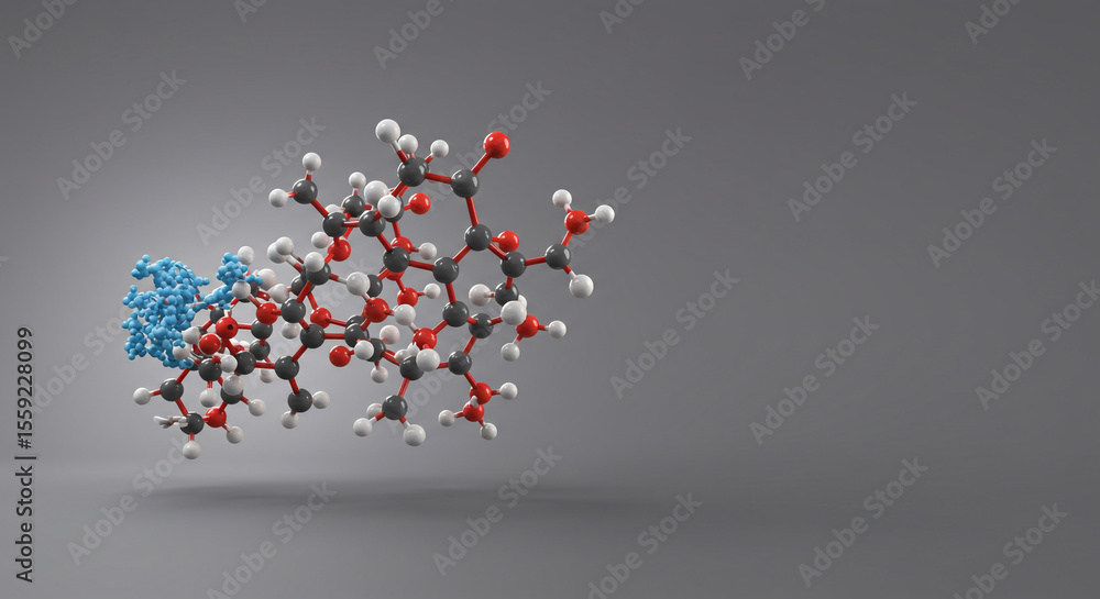 Poster molecular structure featuring red white and gray atoms with a blue structure attached to it