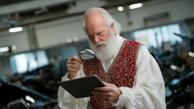 Modern Santa Claus is studying a tablet with a magnifying glass.  Santa is working with a tablet and a magnifying glass intently. The concept of combining tradition and technology.