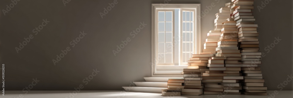 Poster stacked books create a unique staircase leading to an inviting open window filled with natural light
