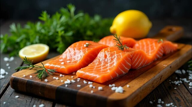 A wooden cutting board with a pile of salmon and lemon slices on it