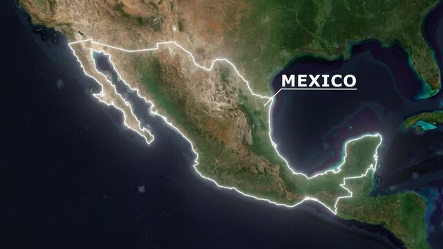 Zoom from Earth to Mexico. Glow outline map animation satellite view with highlighted country borders. Cinematic documentary 3d world map animation highlights aerial views, tourism, and travel. 4k