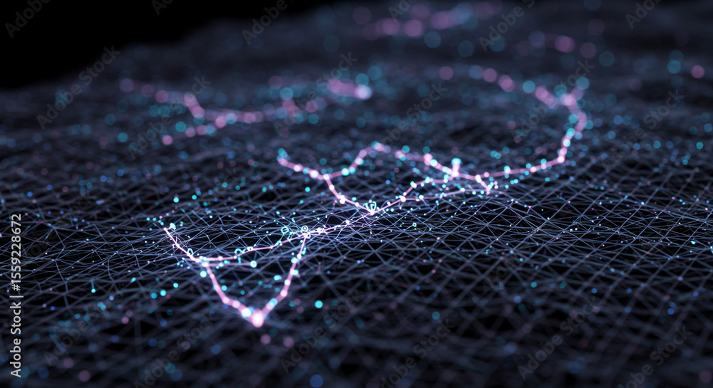 Poster Abstract network with glowing lines and dots on a dark background creating a futuristic design