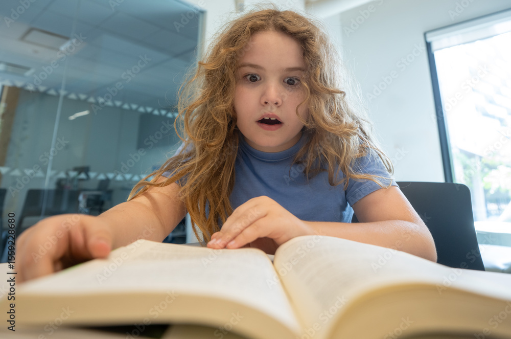Poster funny child reading book. schoolkid studying and reading. smart kid read book. little student learni