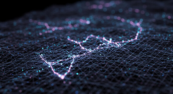 Abstract network with glowing lines and dots on a dark background creating a futuristic design