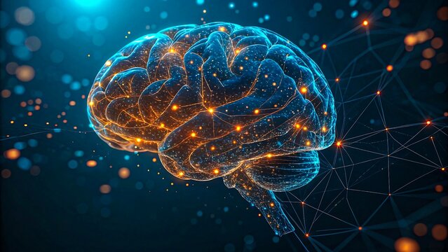 Digital brain illustration with glowing neural network and data nodes on dark background