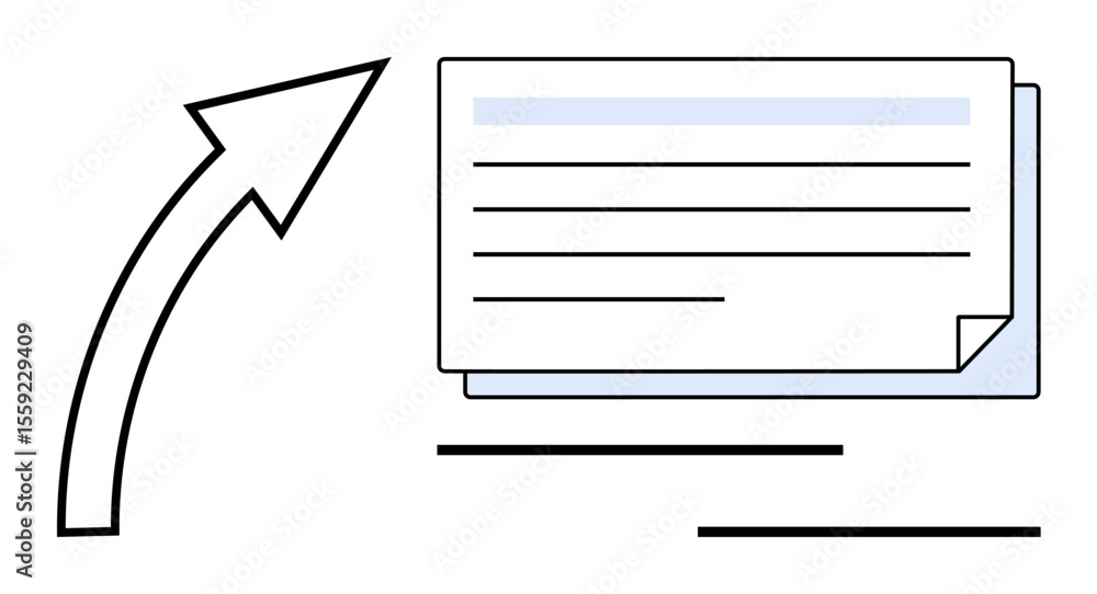 Poster curved arrow pointing upwards toward a lined document with layered pages. ideal for success, growth,