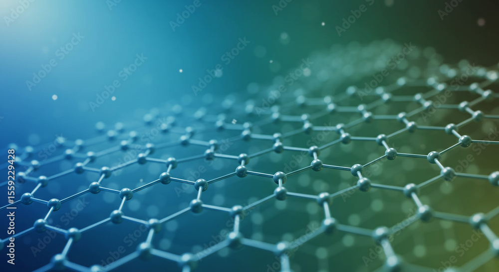 Poster close up view of a graphene sheet structure with blue and green gradient background and small partic
