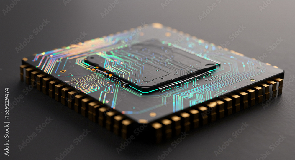 Poster a close up view of a microchip with gold pins and intricate circuit patterns on a gray background