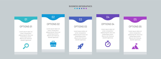 Horizontal progress bar featuring 5 arrow-shaped elements, symbolizing the five stages of business strategy and progression. Clean timeline infographic design template. Vector for presentation