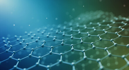 Close up view of a graphene sheet structure with blue and green gradient background and small particles