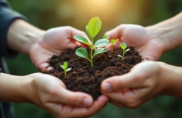 Hands carefully holding soil with young green plant. Eco-friendly concept represents new life, environment, sustainability, growth, business start. Corporate teamwork focus on eco-project, green