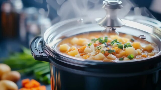 Cooking vegetable stew in a slow cooker with steam. Homemade meal preparation concept. Footage for a food blog, kitchen appliance advertisement or a cooking tutorial video