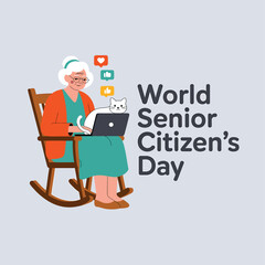 World senior citizen's day celebration with grandma using laptop and cat illustration for social media
