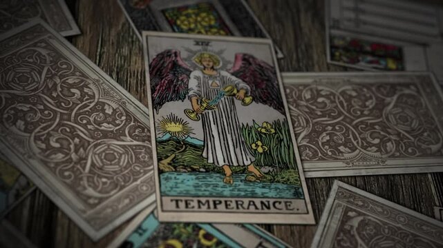 Oslo, Norway - July 27, 2021. Performing a mystic fortune telling ritual. Using Tarot cards for mystic fortune prediction ritual. Psychic reads the Card Temperance in the mystic fortune telling ritual