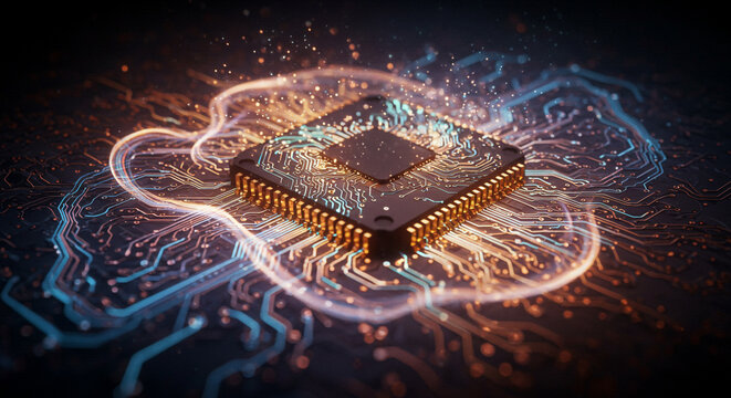 Close up of a square microchip with golden pins and glowing lines on a black background design art - Powered by Adobe