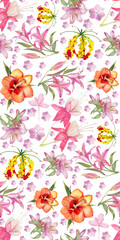 Floral watercolor pattern featuring lilies, hibiscus, and gloriosa for elegant designs