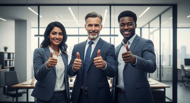 Business Team Thumbs Up: A diverse group of confident professionals in sharp business attire, giving a thumbs up in a modern office setting. Capturing confidence and success.