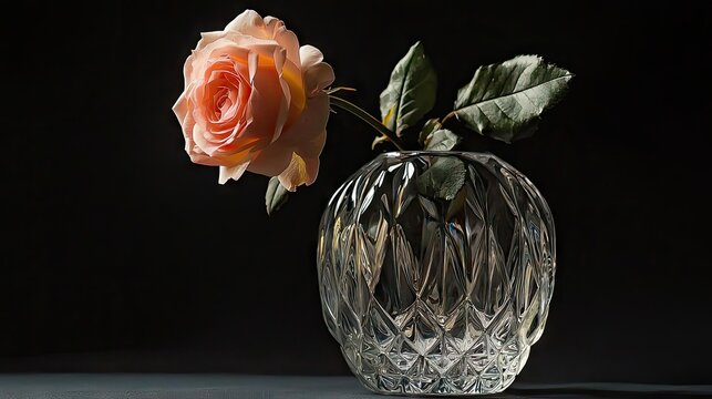 Peachy rose in a faceted glass vase against dark backdrop.