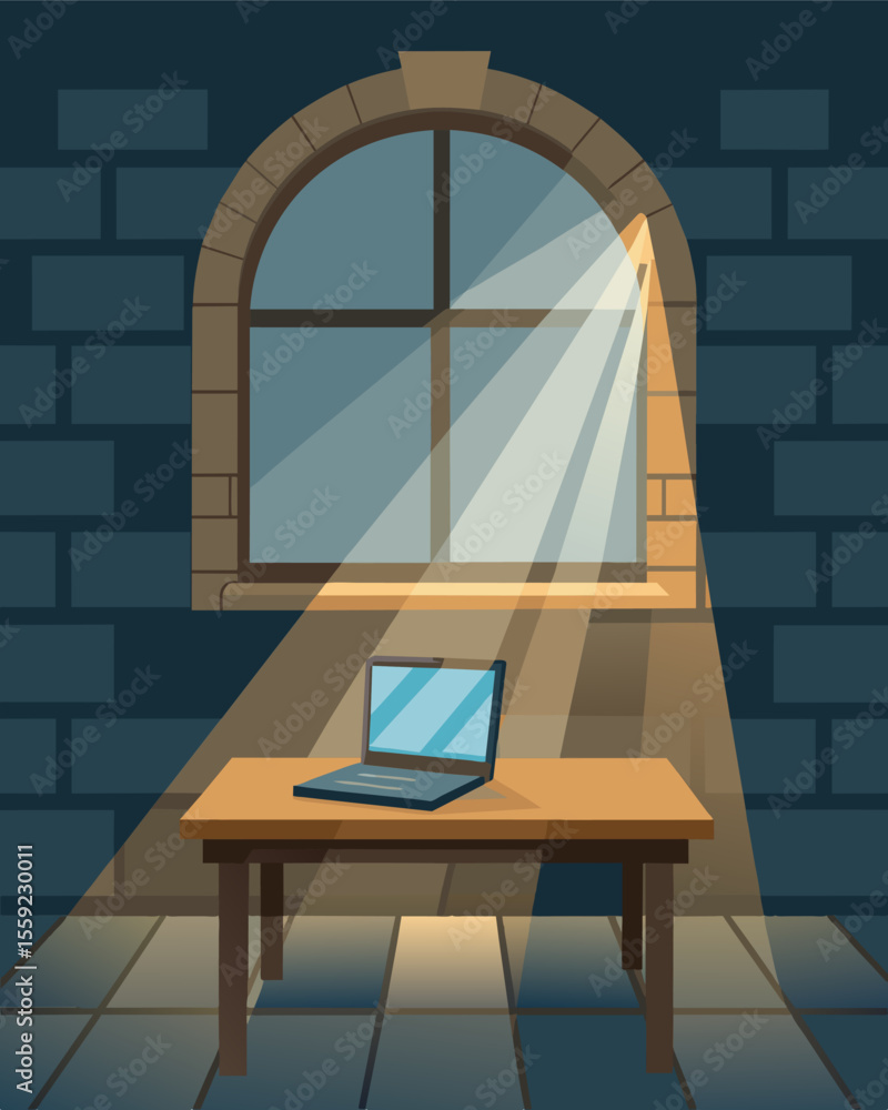 Poster sunlight streaming through a small window illuminating a laptop setup on a vintage wooden bench in a