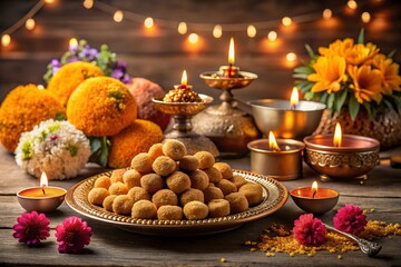 Festive diwali arrangement with sweets, candles, and flowers on a table