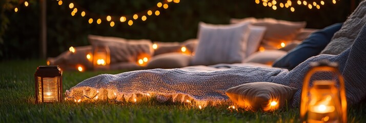 Cozy outdoor evening setup with warm string lights.