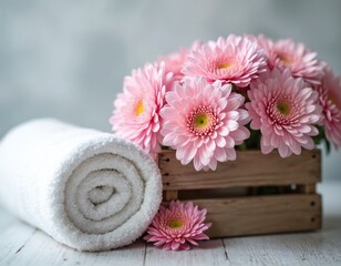 White rolled towel with pink gerbera flowers in wooden box. Spa, beauty treatment, wellness, hygiene concept. Gentle colors, fresh, clean atmosphere, relaxation, zen, spring, vacation.