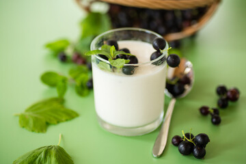 Healthy fermented milk product with berries and spoon