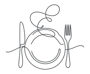 Elegant One Line Drawing of a Plate with Knife and Fork