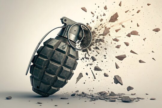 Exploding grenade with digital fragments forming a logo shape, bold and explosive

